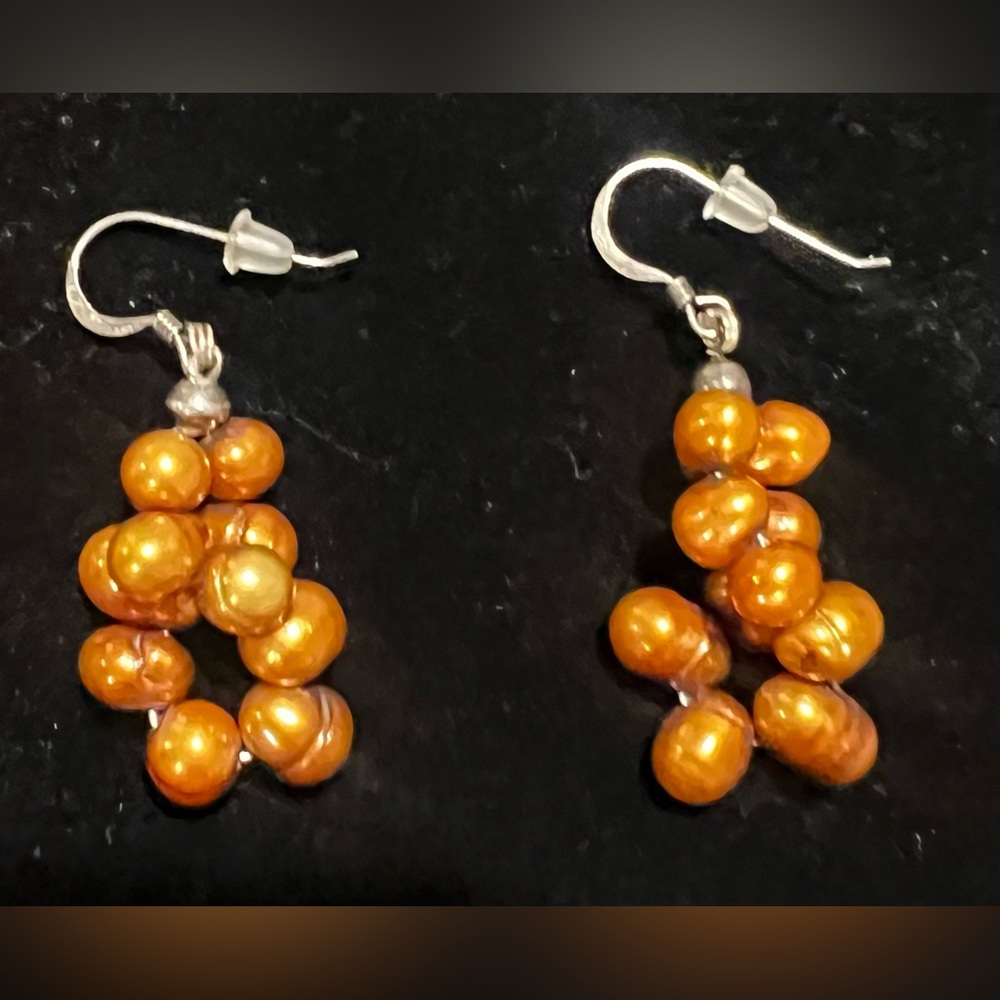 VTG Burnt Orange Gold Pearl Cluster Earrings Fish Hook Y2K 90s